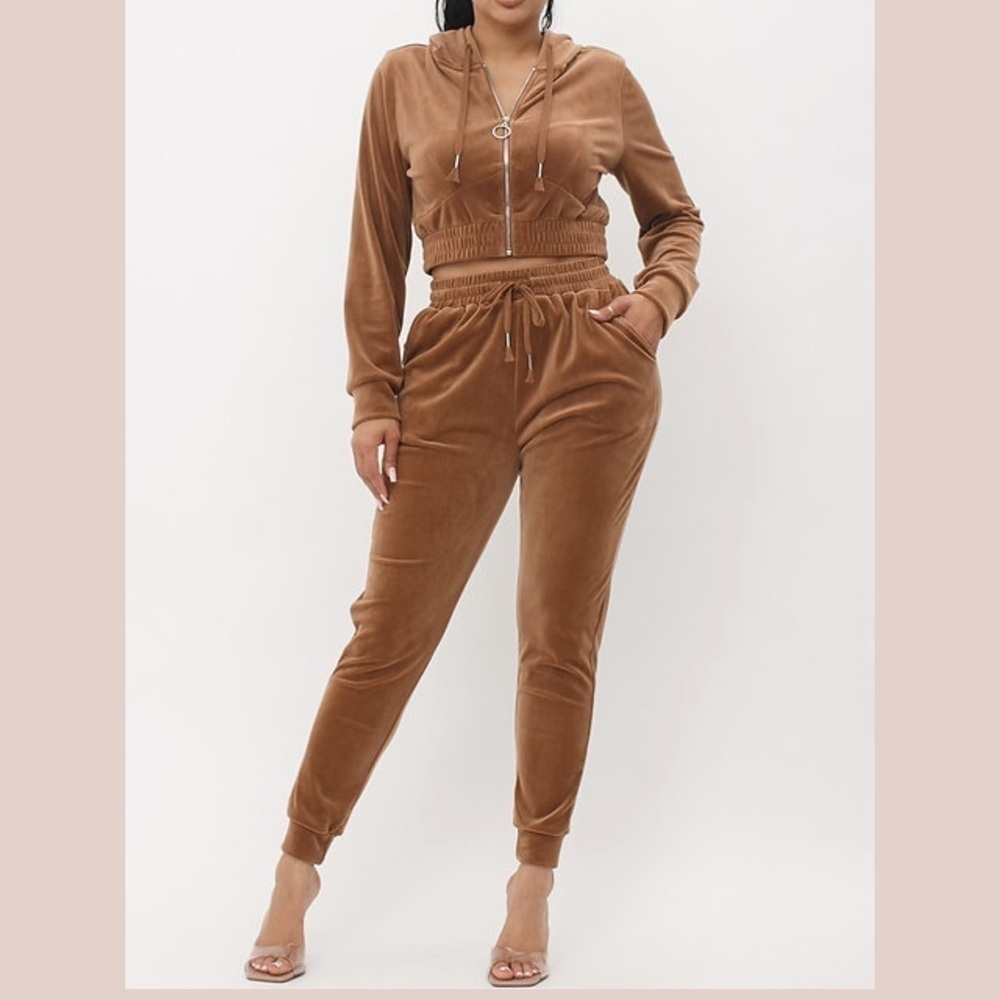 Brown Velour Jogger Set With Crop Hoodie